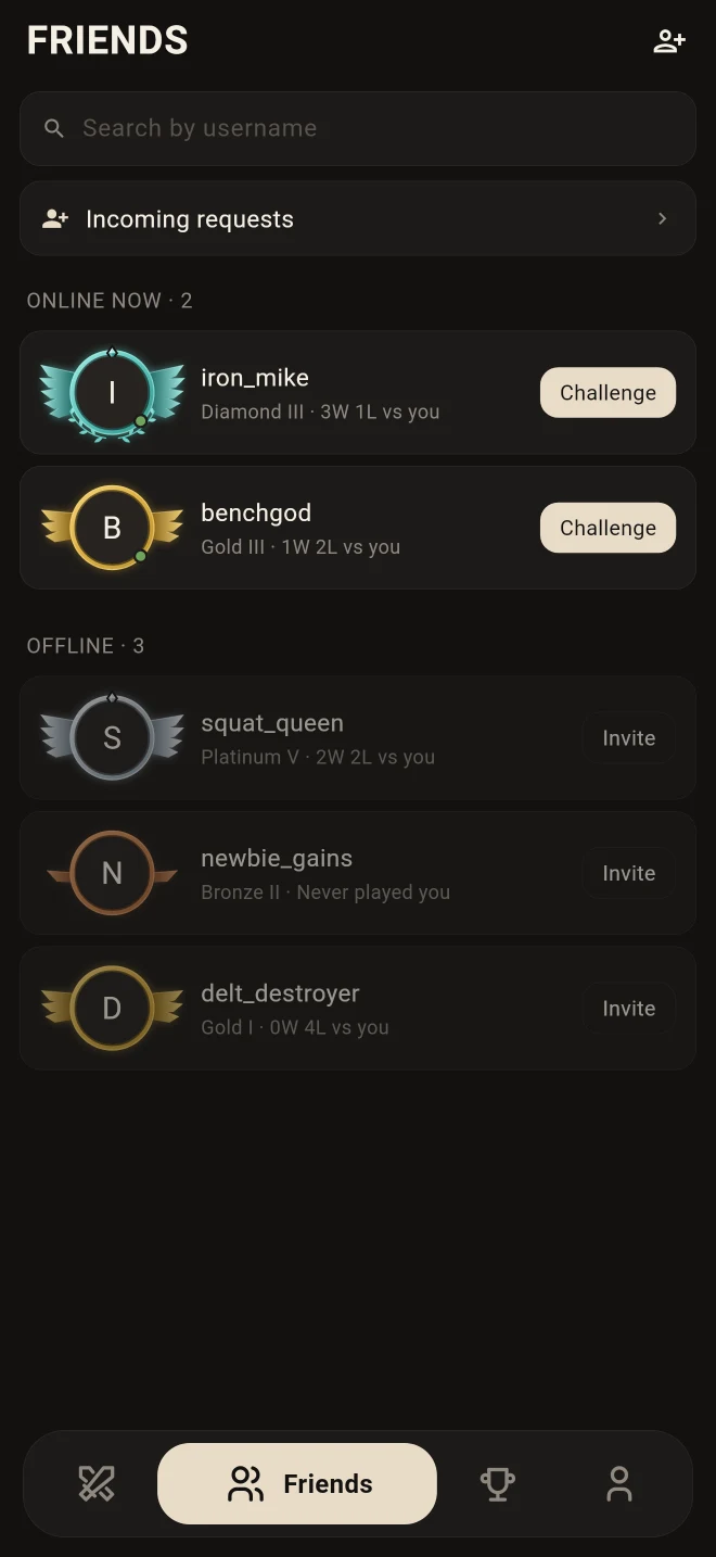 The friends list: who is online, and a Challenge button beside each